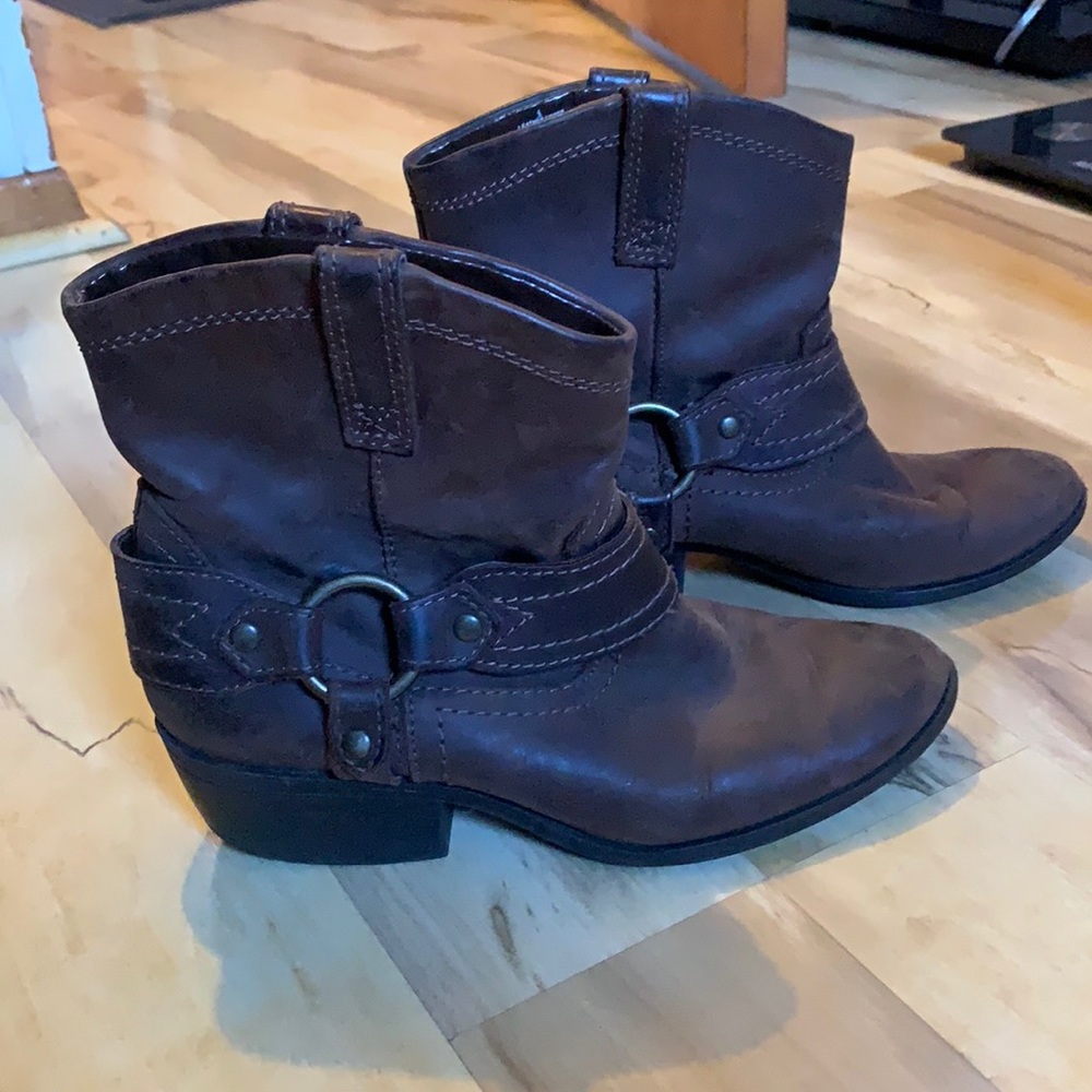 Brown leather cowboy ankle booties